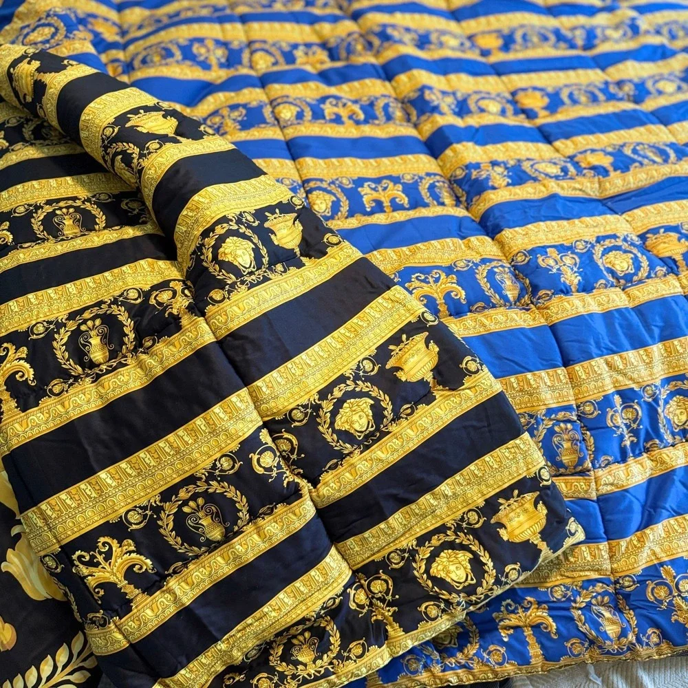 Versace Barocco Reversible Comforter Blue Black Gold Medusa Made in Italy NEW
